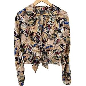 Lafayette 148 VTG Crisp Silk Tie Front Blouse Graphic World Travel Print Size 12